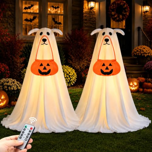 2pcs 2.5ft Light up Halloween Ghost Dog with Remote Halloween Decor