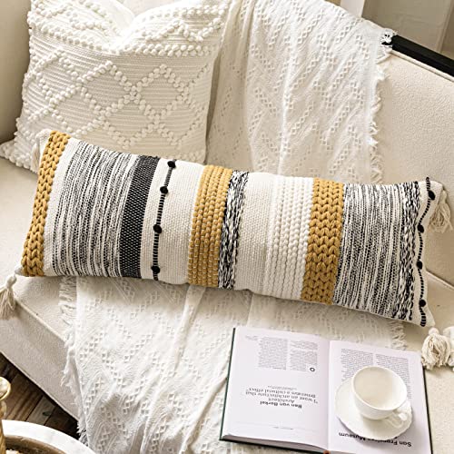 Decorative Lumbar Throw Pillow Cover 14x36 Boho Long Cushion for Bed Yellow Mustard Accent Farmhouse Pillowcase for Bedroom Living Room Couch Sofa Home Décor Cover ONLY