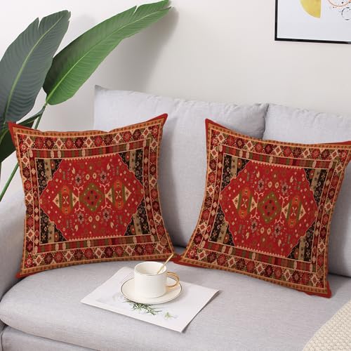 Outdoor Waterproof Pillow Covers 18X18 Inch Set of 2 Bohemian Vintage Carpet Pattern Pillow Covers Ethnic Design Decorative Farmhouse Cushion Case for Couch Red (8 Count)