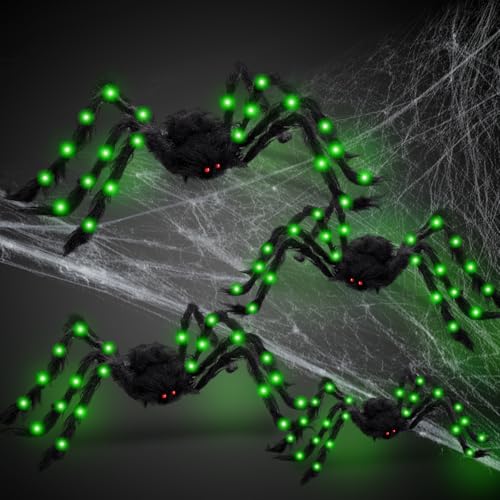 4 Pack Large Halloween Light up Spiders Decorations 4ft 2.9ft 2.4ft 2ft Black Fake Giant Light up Spider Bendable Outdoor Yard for Halloween Garden Party Decor (Green)