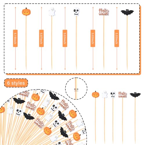 100Pcs Halloween Cocktail Picks Skull Ghost Pumpkin Bat Theme Decor