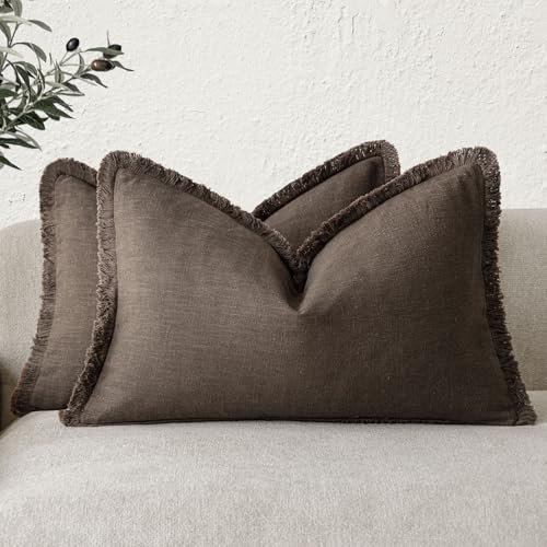 Boho Linen Fringe Lumbar Throw Pillow Covers 12×24 Reddish Brown (2 Count)