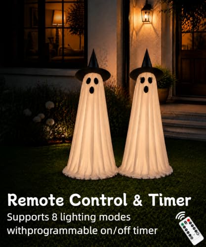 2 Pack Lighted Halloween Ghost Decorations with Remote & Timer (White)