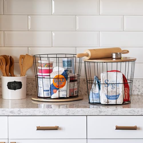 Round Wire Basket with Wooden Lid (2 Count)