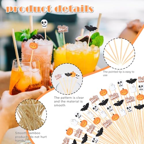 100Pcs Halloween Cocktail Picks Skull Ghost Pumpkin Bat Theme Decor