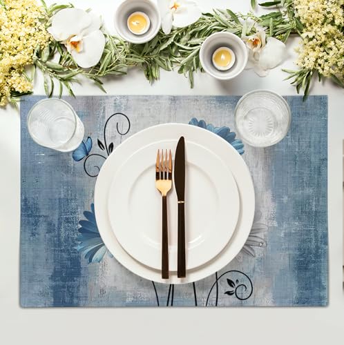 Daisy Placemats Set of 4 Blue Grey Rustic Vintage Floral Table Place Mats 12x18 Inch Seasonal Flower Spring Summer Linen Placemat for Party Kitchen Dining Outdoor Indoor Decor (4 Count)