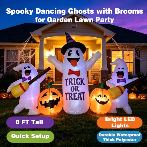 8FT Halloween Inflatable Ghosts with Broom & Pumpkins (Black White)
