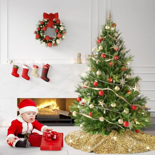 Gold Christmas Tree Skirts 21 Inches Mini Metallic Tree Cover Skirt Personalized Christmas Tree Mat Ornament Rustic Round Small Xmas Tree Skirts for Holiday Festival Home Christmas Indoor Decoration