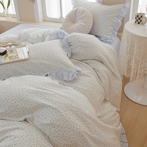 Twin XL Comforter Set Blue Floral Bedding Comforter Fluffy Soft Microfiber Cottagecore Bedding Set Floral Ruffle Comforter with 2 Pillowcases Cute Flower Botanical Comforter Set for Teen Girls (3 Piece Set)