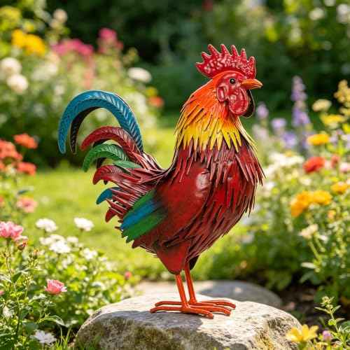 Rooster Garden Statue Sculpture Metal Chicken Yard Decor Outdoor Figurines Patio Backyard Decoration