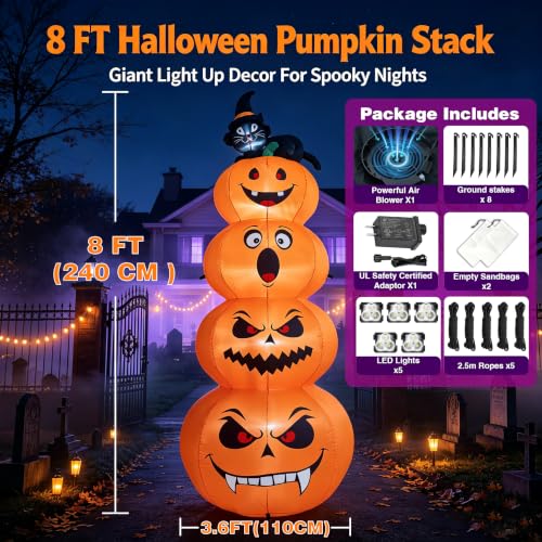 8FT Halloween Inflatable Stacked Pumpkins with Black Cat & LED Lights (Orange)