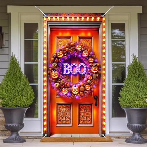 Halloween Door Banner LED Pumpkin Wreath 35x71 Inches Spooky Lit “Boo” Decor with String Lights & Jack