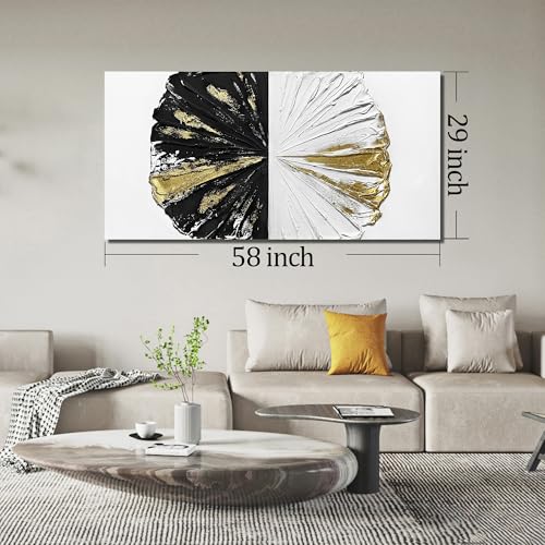 Abstract Circles wall Decorations For Office Black White Gold Oil Painting Wall Art For Bedroom Large Pictures For Living Room Size 29 x 58 Inch