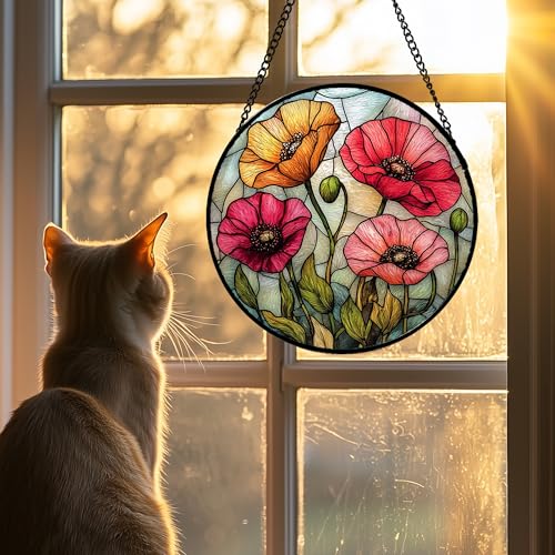 Poppy Flower Stained Glass Window Hanging Suncatcher Gifts for Women 15"