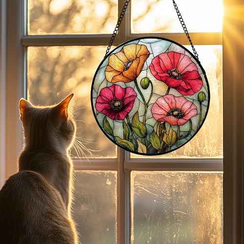 Poppy Flower Stained Glass Window Hanging Suncatcher Gifts for Women 9.8"
