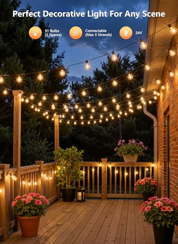 100FT 31 Bulbs Outdoor String Lights with Remote & Dimmable