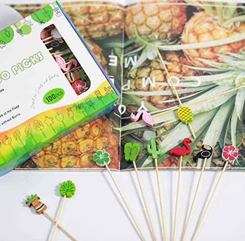 100pcs 5" Hawaii Cocktail Picks Summer Tropical Flamingo Hawaiian Theme Decoration Toothpicks Drink Fruit Sticks Food Appetizer Charcuterie Skewers for Beach Luau Tiki Themed Party Decorations (100 Count)