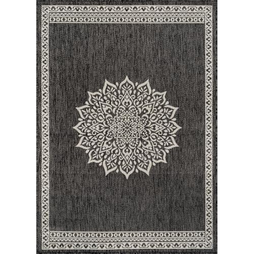 Outdoor Rug 10x14 Medallion Darkgray Modern Large Area Rugs for Indoor and Outdoor Patios Kitchen and Hallway Mats Washable Porch Deck Outside Carpet (140 Sq Ft)
