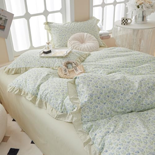 Green Floral Comforter Set Twin XL Romantic Ruffled Comforter Blue Flower Bedding Comforter Set Soft Microfiber Floral Bedding Set Lightweight Fluffy Vintage Botanical Comforter for All