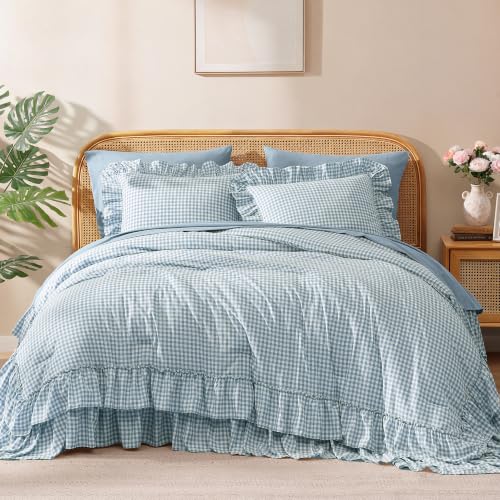 Full Size Comforter Set Blue Gingham Ruffle 7 Pieces Farmhouse Bed in a Bag