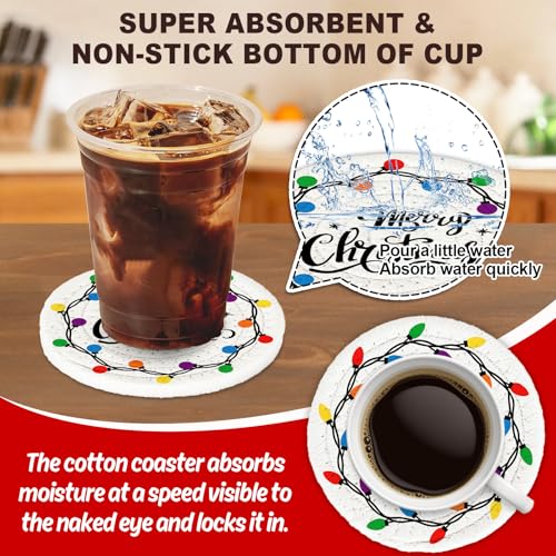 Merry Christmas Cotton Coasters Colorful Light Bulb Handmade Braided Drink Coasters Absorbent Cup Mats for Xmas Holiday Party Home Table Decor (4 Count)