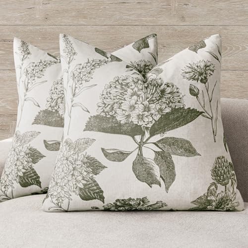 Set of 2 Linen Floral Vintage Throw Pillow Covers Neutral Accent Print Decorative Cushion Covers Farmhouse Home Decor for Sofa Chair Couch Bedroom Living Room (2 Count)
