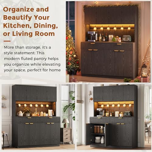Fluted Kitchen Pantry Storage Cabinet with Charging Station & LED Lights