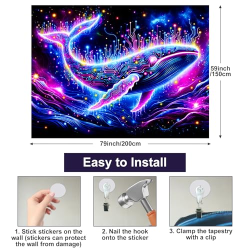 Blacklight Tapestry Cosmic Whale Neon Wall Art 78 x 59 Inch