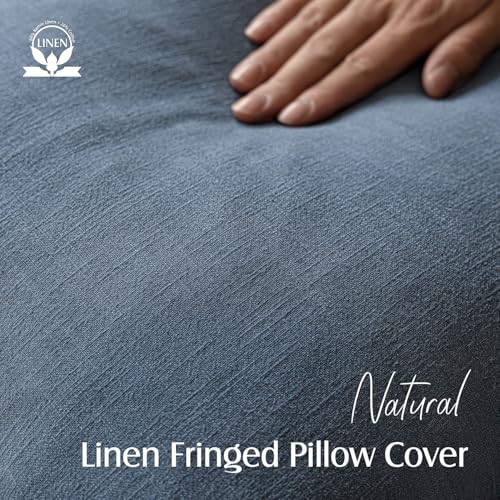Boho Linen Fringe Lumbar Throw Pillow Covers 12×20 Dark Blue (2 Count)
