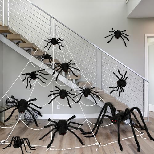 12 Pcs Halloween Decorations Outdoor Large Spiders and Web