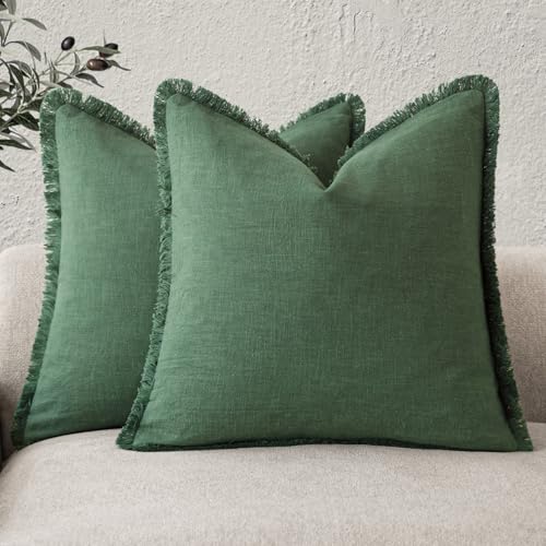 Decorative Linen Fringe Throw Pillow Covers 26×26 Pine Green