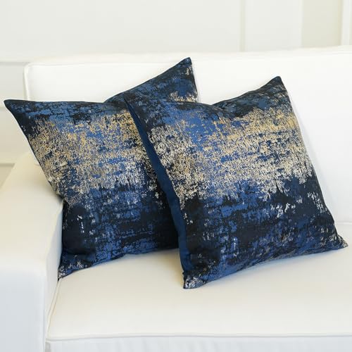Navy Champagne Metallic Jacquard Pillow Covers 20x20 Pack of 2 Velvet Back Modern Glam Sofa Decor (2 Count)