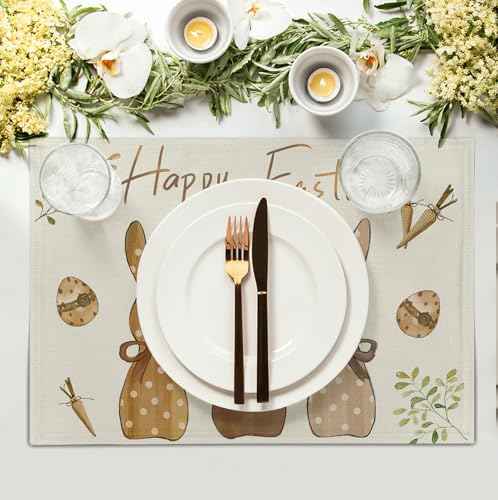 Happy Easter Bunny Placemats Set of 4 Easter Rabbit Egg Carrots Linen Fabric Table Mats Spring Seasonal Rustic Holiday Washable Place Mats for Party Kitchen Dining Indoor Decor 12x18 Inch (4 Count)