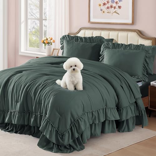 Full Size Comforter Set Forest Green Ruffle 7 Pieces Farmhouse Bed in a Bag
