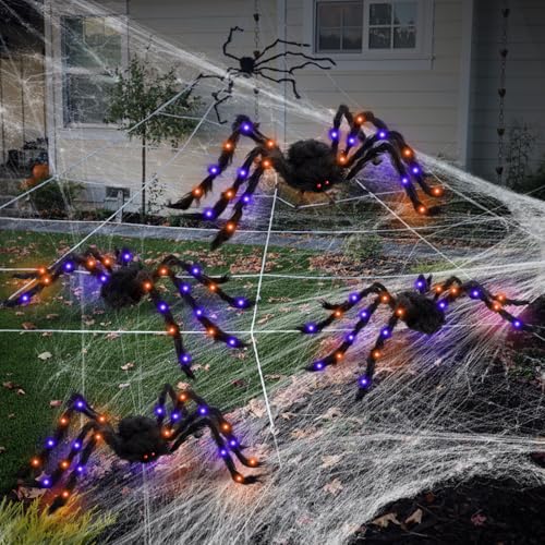 4 Pcs Large Halloween Light up Spiders (Orange, Purple)