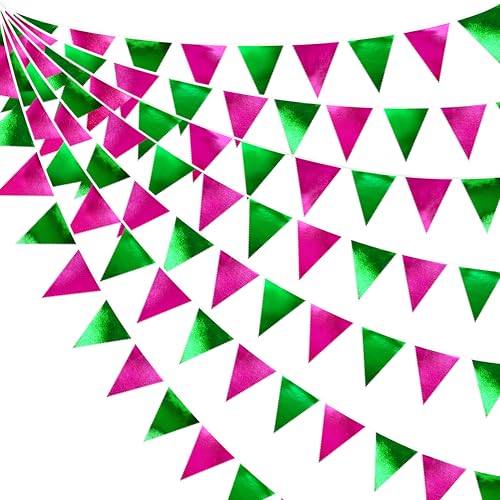 Pink and Green Party Decorations Metallic Hot Pink Light Green Fabric Triangle Pennant Banner Flag Bunting Garland for Witches Theme Birthday Wedding Baby Shower Engagement Bachelorette Party Supplies (36 Count)