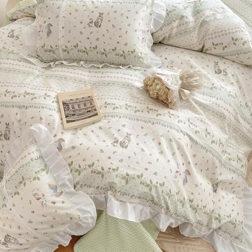 Twin XL Comforter Set Cute Flower Green Leaves Pattern Comforter White Ruffle Bedding Comforter with 2 Pillowcases Reversible Green Plaid Comforter Botanical Flower Cute Rabbit Comforter Set