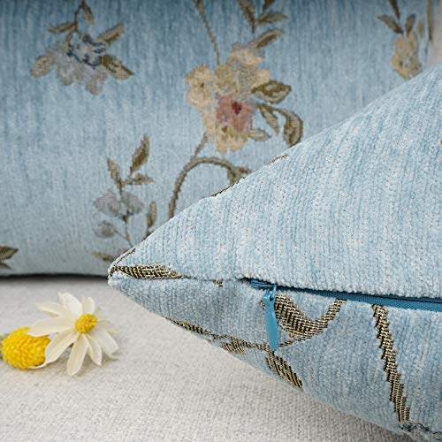 Classical Embroidery Jacquard Farmhouse Oblong Rectangle Chenille Teal Floral Pattern Decorative Throw Pillow Case