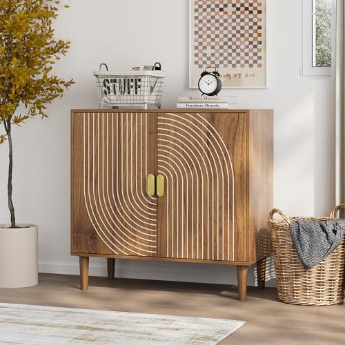 32" Modern Walnut Sideboard Cabinet with Line Groove Doors