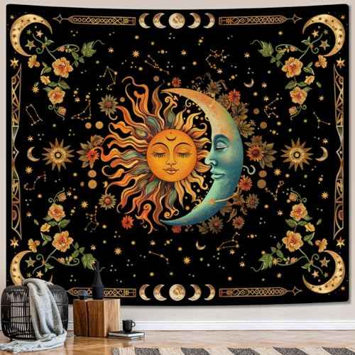 Sun and Moon Tapestry Astrology Space Wall Hanging Boho Hippie Floral Plant Tapestries Aesthetic Vintage Mandala Flower Decor for Living Room Bedroom