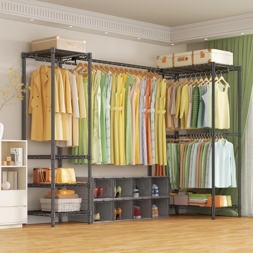 E10L L Shaped Clothes Rack for Corner（With Expandable Hanger Rod）Heavy Duty Freestanding Clothing Racks for Hanging Clothes