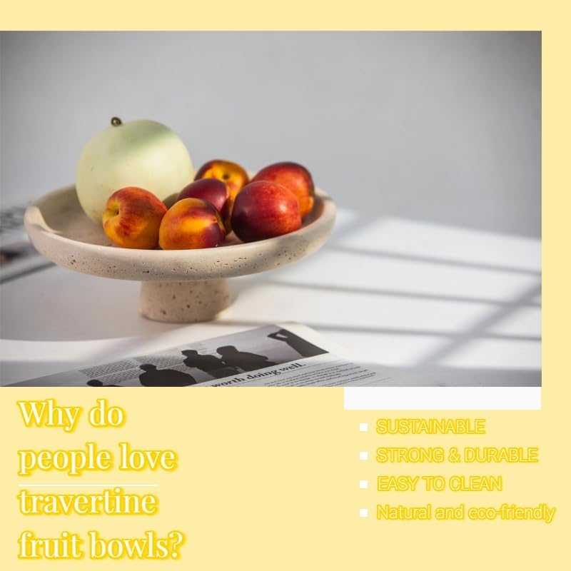 Natural Travertine Fruit Bowl 10.2" – Large Decorative Bowl & Travertine Decor Pedestal for Kitchen Counter & Dining Table ,For Entryway, Kitchen Fruit Bowl, Potpourri, Dining Table Centerpiece.