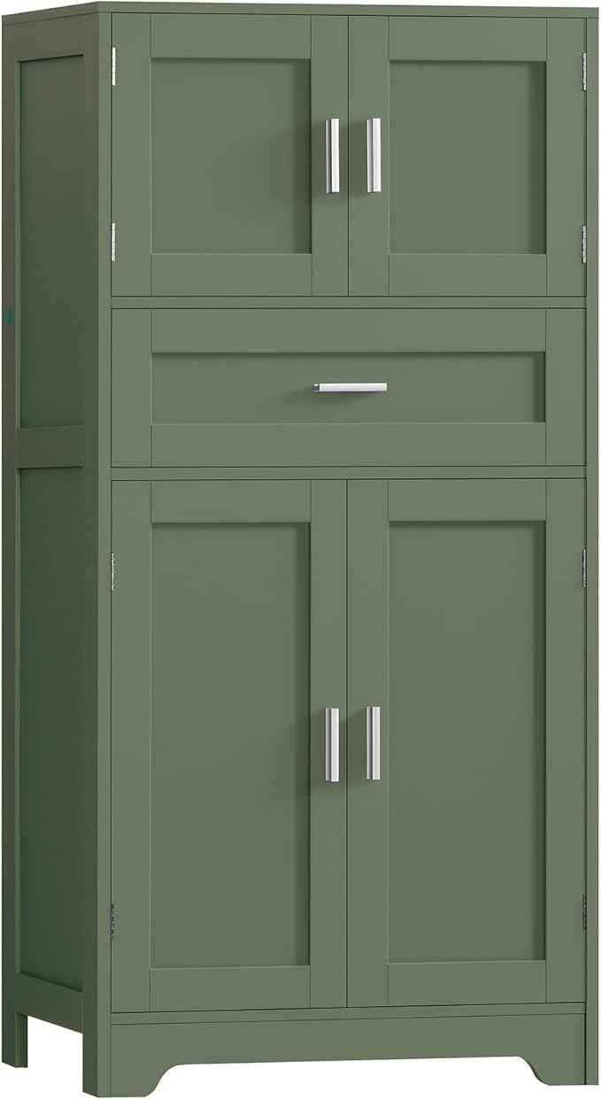 TEENFON Bathroom Floor Storage Cabinet with Adjustable Shelf, Freestanding Storage Cabinet with 4 Doors, Cupboard for Living Room, Home Office, Entryway, Forest Green