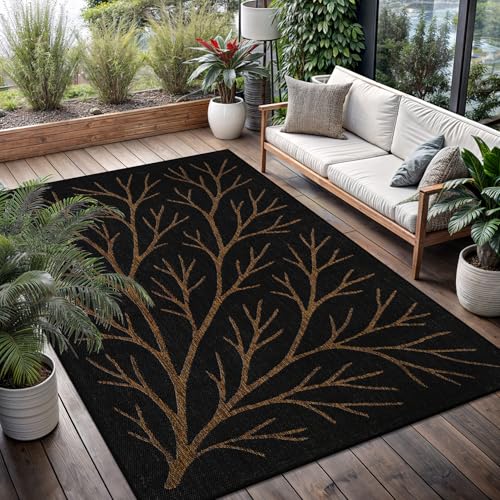 Washable Indoor Outdoor Rug 9x12 Modern Area Rugs Branch Pattern Non Shedding Waterproof Easy Clean Patio Deck Porch Living Room Bedroom Garden RV (108 Sq Ft)