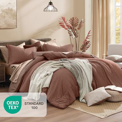Queen Comforter Set 7 Pieces Terracotta Cationic Dyeing Bed in a Bag