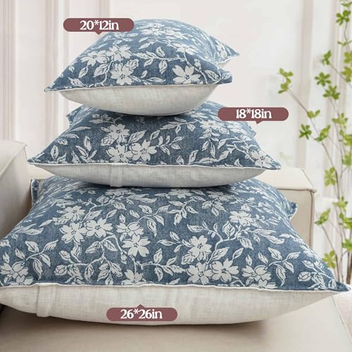 Floral Throw Pillow Covers 20x20 Set of 2 Farmhouse Jacquard Decorative Pillowcovers Couch Pillows for Living Room Accent Sofa Pillows Blue (2 Count)