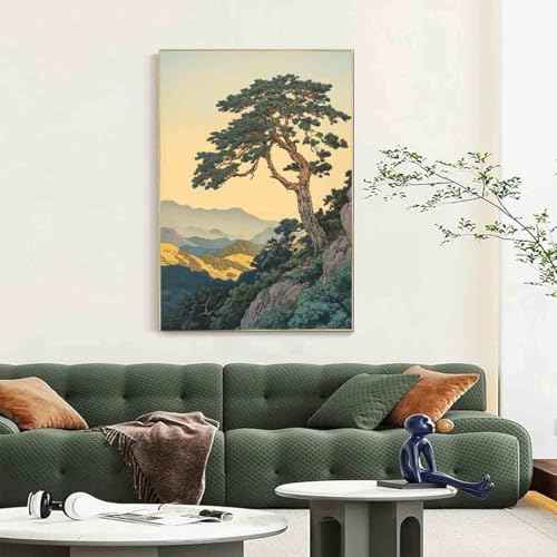 Mountain Landscape Painting Pine Tree Canvas Chinese Style Painting Forest Tree Wall Art Retro Nature Posters Green Plants Paintings Modern Abstract Picture Landscape Room Decor 16x24inch No Frame