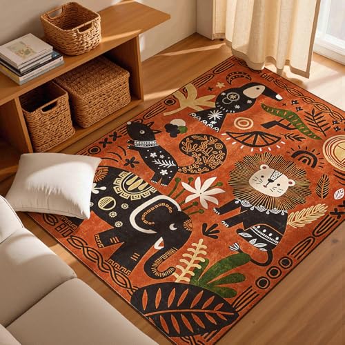 5x7 Cute Area Rug Kids Washable Fun Rug Terracotta Boho Jungle Mat (35 Sq Ft)