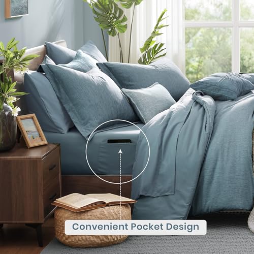 Full Comforter Set 7 Pieces Dusty Blue Cationic Dyeing Bed in a Bag