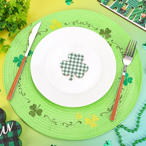 4Pcs Round St. Patrick's Day Placemats 13.4 Inch Embroidered Place Mats Green Shamrock Clover Dinner Table Mats for Home Spring Irish Holiday Birthday Party Decor (4 Count)